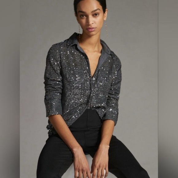Anthropologie Sequin Button-down Shirt Slate Gray Top Medium Petite - Picture 4 of 15